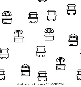 Different Types Of Counter Seamless Pattern Vector. Empty Counter With Canopy, Umbrella And Wheel For Cooking Hot Dog Monochrome Texture Icons. Street Fast Food Cart Template Flat Illustration