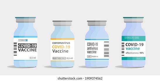 Different types of covid vaccine vial bottles. Stop pandemic, health care, immunization, vaccination concept. Covid-19 prevention therapy for adult and children. Colorful flat vector illustration.