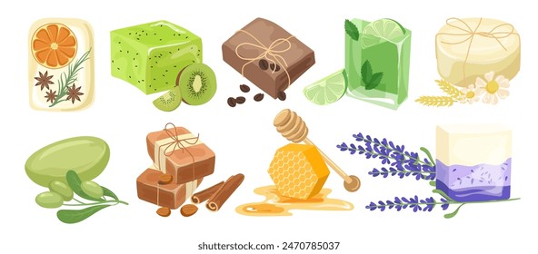 Different types craft hand soap handmade body care product vector illustration isolated set