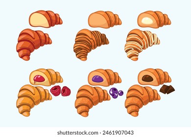 Diferentes tipos de croissants en diferentes Formas. Chocolate, mora, arándano...