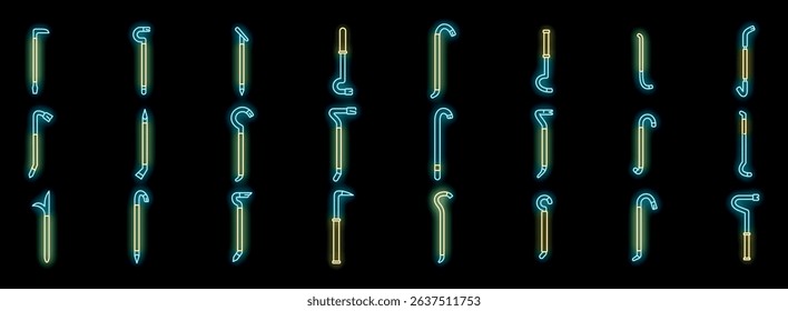Different types of crowbars glowing neon light, forming a set of construction tools icons