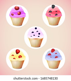 Different types of cupcakes. Cute set of cupcakes. Vector illustration