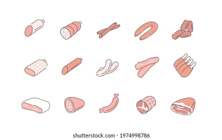 Different types of Cured Meat. Salami, Ham, Bacon, Sausages and other Cold Meat Products. Butcher Shop Symbols. Flat Line Vector Illustration and Icons set.