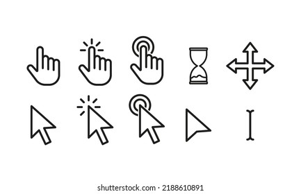 Different types of cursors set icon. Hand, press, button, hourglass, loading, arrow, zoom in, text selection, moving, waiting, busy, working. Technology concept. Vector line icon for Advertising.