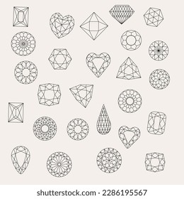 Diferentes tipos de joyas cortadas y diamantes. Bordes negros.