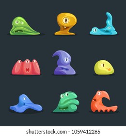 Different Types Cute Jelly Monsters Characters Emotions Set on a Dark Background. Vector illustration of Funny Friendly Monster