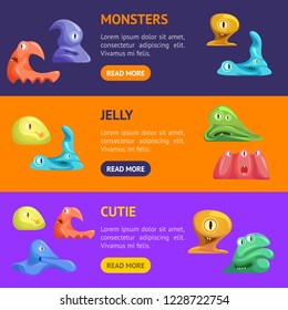 Different Types Cute Jelly Monsters Characters Emotions Banner Horizontal Set. Vector illustration of Funny Friendly Monster