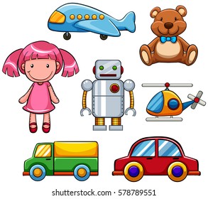 Different types of cute toys illustration