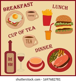 Different types of daily food. For breakfast, a coffee sandwich, fast food for lunch, dinner fish and vegetables. Coffee and tea throughout the day. In the evening, wine. Daily food. Vector.