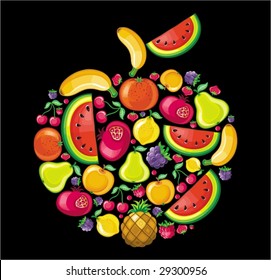 Different types of delicious fruits combined in a shape of an apple.  To see similar, please VISIT MY PORTFOLIO