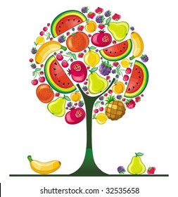 Different types of delicious fruits combined in round tree shape. To see similar, please VISIT MY PORTFOLIO

