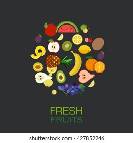 Different types of delicious fruits combined in frame. With space for your text. Vegetables and fruits background in flat style. Colorful template for cooking, restaurant menu and vegetarian food.