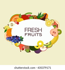 Different types of delicious fruits combined in frame. With space for your text. Vegetables and fruits background in flat style. Colorful template for cooking, restaurant menu and vegetarian food.