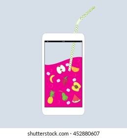 Different types of delicious fruits combined in a shape of drink as mobile phone