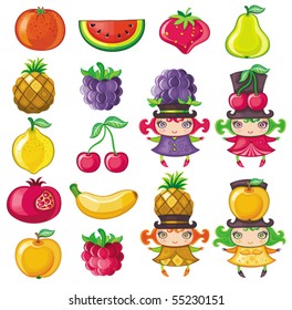 Different types of delicious fruits and cute fruity girls