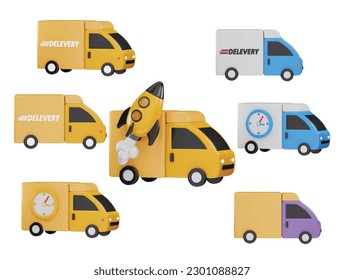 different types of delivery trucks including a rocket ship, a clock, a truck and a van icon set