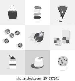 Different types of dessert, black and white