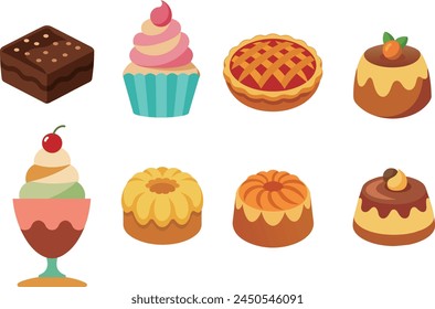 different types of desserts, pie, brownie, pudding, cupcake, pound cake, sundae