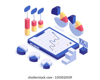 Different types of diagrams, charts and information processions. Data analytics modern isometric concept vector illustration