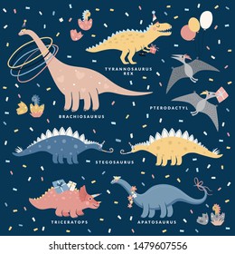 Different types of dinosaurs. Apatosaurus, triceratops, stegosaurus, brachiosaurus, pterodactyl, tyrannosaurus rex. Vector illustration with dino's birthday party. Cute cartoon dino character for kids