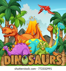 Different Types Of Dinosaurs By The Volcano Illustration