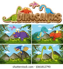 Different types of dinosaurs in jungle illustration