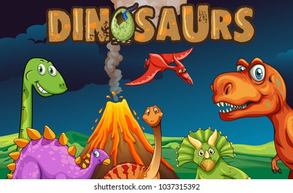 Different types of dinosaurs at night illustration