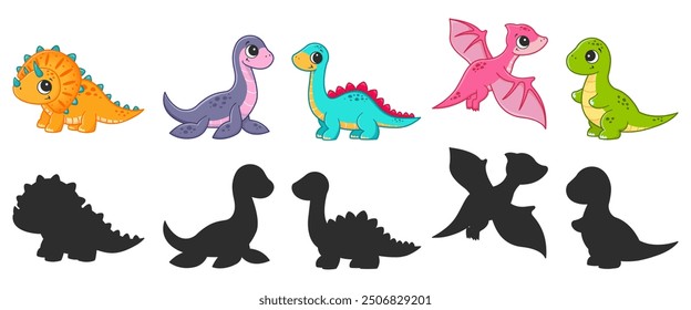 Different types of dinosaurs and their silhouettes. Vector cartoon illustration.