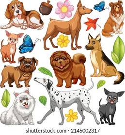 Different types of dogs on white background illustration