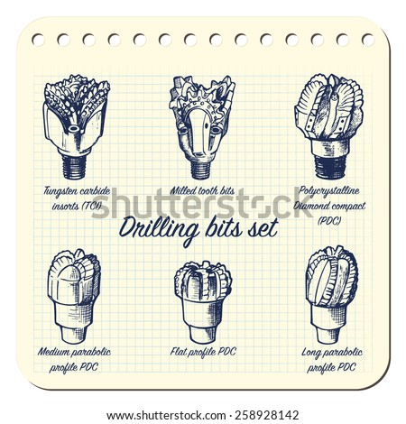 Different types of drill bits used for drilling in different geological conditions. Set of 6 EPS8 vector illustrations in a sketchy style imitating scribbling in the notebook or diary.