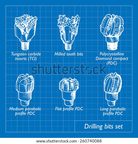 Different types of drill bits used for drilling in different geological conditions. Set of 6 EPS10 vector illustration imitating blueprint style scribbling with white marker.