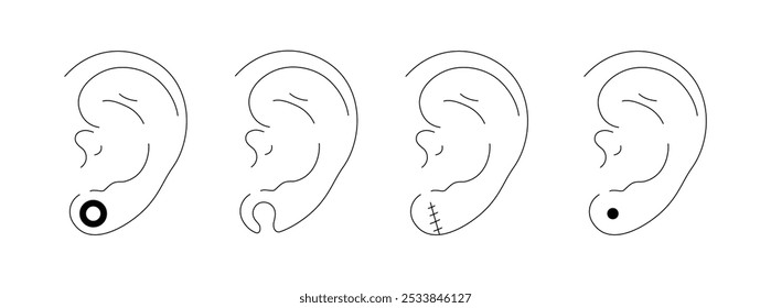 Different types of ear pierced. Vector infographic elements illustration. International body piercing day. Line art picture