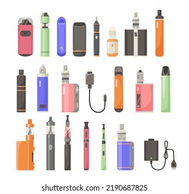 Se establecen diferentes tipos de ilustraciones vectoriales de cigarrillos electrónicos. Accesorios para cigarrillos eléctricos o electrónicos, cargadores y líquidos para uvas aisladas en fondo blanco. Fumar, concepto tecnológico