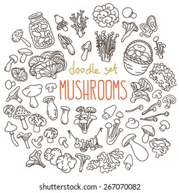 Different types of edible and non edible mushrooms. Set of doodles, hand drawn rough simple sketches. Vector icons isolated on white background.