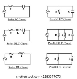 Verschiedene Arten elektrischer Schaltung einzeln auf weißem Hintergrund (RC, RLC und RLC). Vektorgrafik.