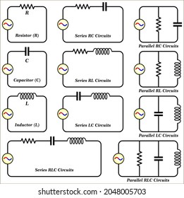 Different types of electric circuits (RC, RL and RLC Circuits connected in series or in parallel)