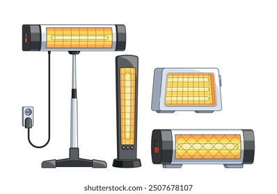 Different Types Of Electric Heaters Set. Cartoon Illustration of Home And Office Heating Devices and Equipment