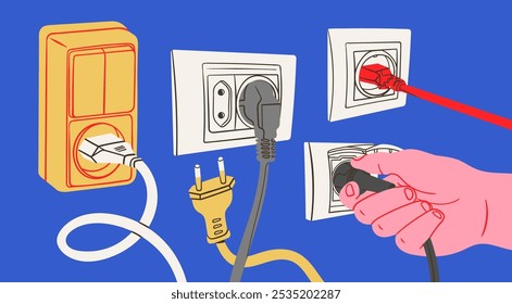 Different types of electric Plugs. Outlets, cord, wire, Sockets. Hand holding Outlet plug. Cartoon modern style. Hand drawn trendy Vector illustration. Isolated design elements. Cable network concept