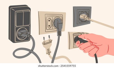 Different types of electric Plugs. Outlets, cord, wire, Sockets. Hand holding Outlet plug. Cartoon modern style. Hand drawn trendy Vector illustration. Isolated design elements. Cable network concept