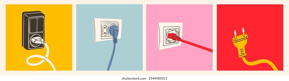 Different types of electric Plugs. Outlets, cord, wire, Sockets. Cartoon modern style. Hand drawn trendy Vector illustration. Isolated design elements. Cable network concept