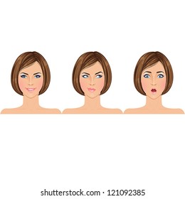 Different types of emotions on example of a beautiful young brunette woman: happy, making choice, shocked/surprised. Portraits. Isolated vector illustrations.