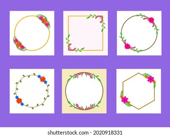 Different Types Of Empty Floral Frame On Purple Background.