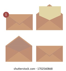 Different types of envelope: open, closed, with a letter inside. Vector illustration.