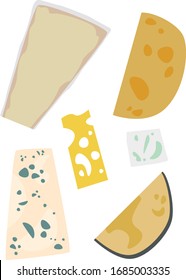 
Different types of expensive cheeses with brie feta, feta cheese gouda, cheddar, edam, vector pack pattern, for restaurant pizza