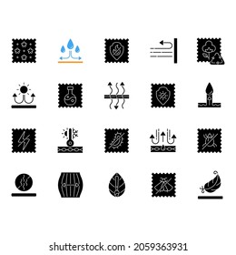 Different types of fabric feature black glyph icons set on white space. Fiber characteristics. Textile industry. Quality features of clothing. Silhouette symbols. Vector isolated illustration