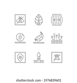 Different types of fabric linear icons set. Natural dye, odor resistant. UV protection. Moisture wicking. Customizable thin line contour symbols. Isolated vector outline illustrations. Editable stroke