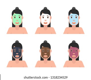 Different types of facial masks. Pretty brunette girl. Vector Illustration.