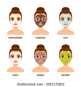 Different types of facial masks and skin care illustration set. Pretty girl face with various skincare treatments.