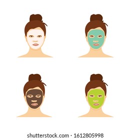 Different types of facial masks and skin care illustration set. Pretty girl face with various skincare treatments.