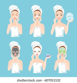 Different types of facial masks for skin care and treatment. Clay, charcoal, for nose, for eyes, paper, sheet and fresh masks.